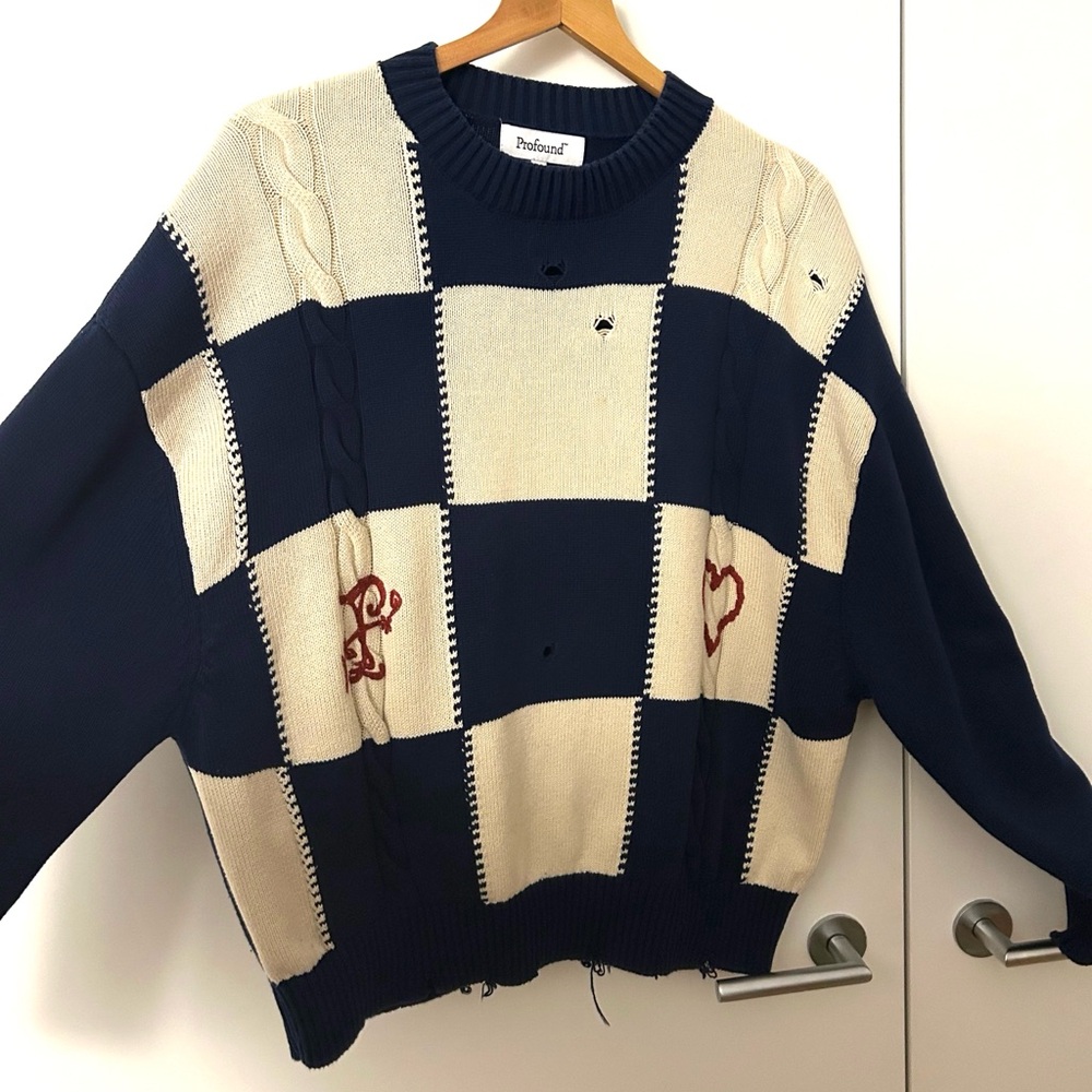 Found (formerly Profound) Checkered Fisherman Knit Sweater Navy Cream Size S - Picture 4 of 8